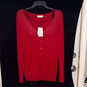 Calvin Klein Red Cardigan w/gold buttons and gold embellishments